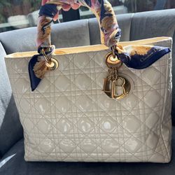 Lady Dior Cannage Tote Large Patent Ivory Bag 