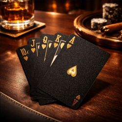 Waterproof Black Playing Cards With Gold Foil Spade Design Durable Flexible Plastic Deck