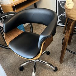 Modern Wood & Black Faux Leather Swivel Desk Chair