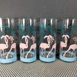 Set of 4 Vintage Panache Palm Tree & Flamingo Cocktail High Ball Glasses