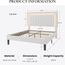Full Size Velvet Bed Frame with LED Light, Adjustable Vertical Channel Tufted Headboard, Strong Wooden Slats Support, Noise-Free, No Box Spring Needed