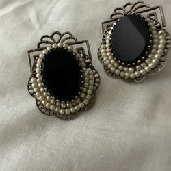 Antique Vintage Seed Pearl & Black Onyx Clip On Earrings