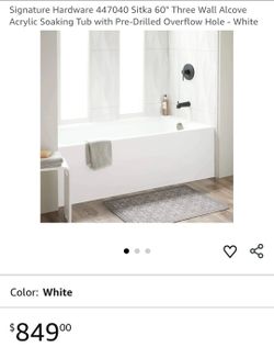 Signature Hardware 447040 Sitka 60" Three Wall Alcove Acrylic Soaking Tub with Pre-Drilled Overflow Hole - White