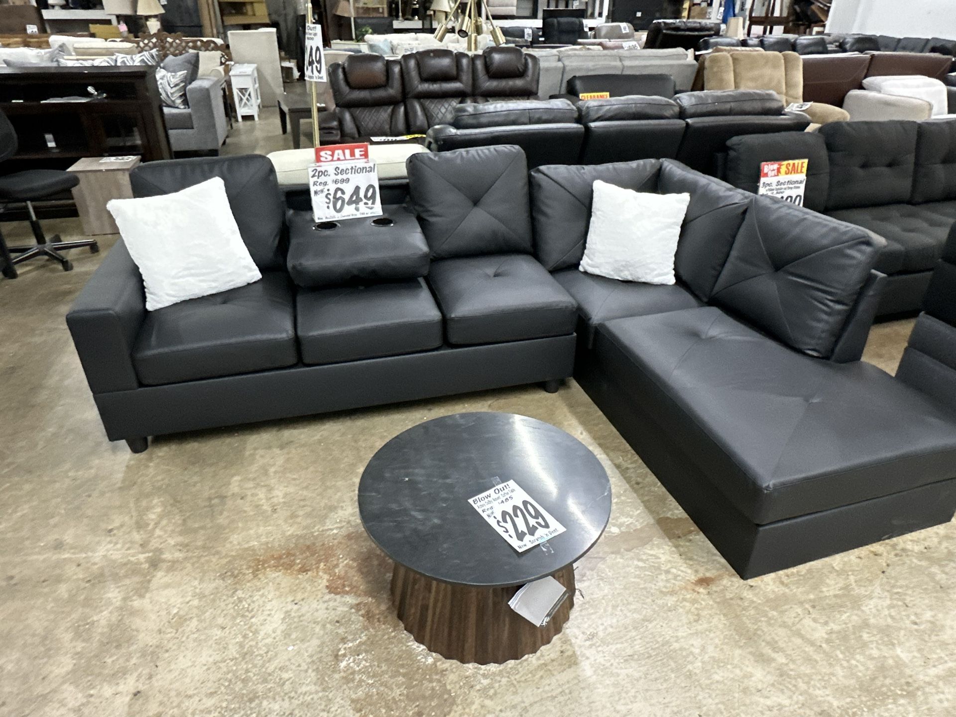 SALE! 2pc. BRAND NEW Black Sectional with Fold Down Armrest & 2 Cup holders!