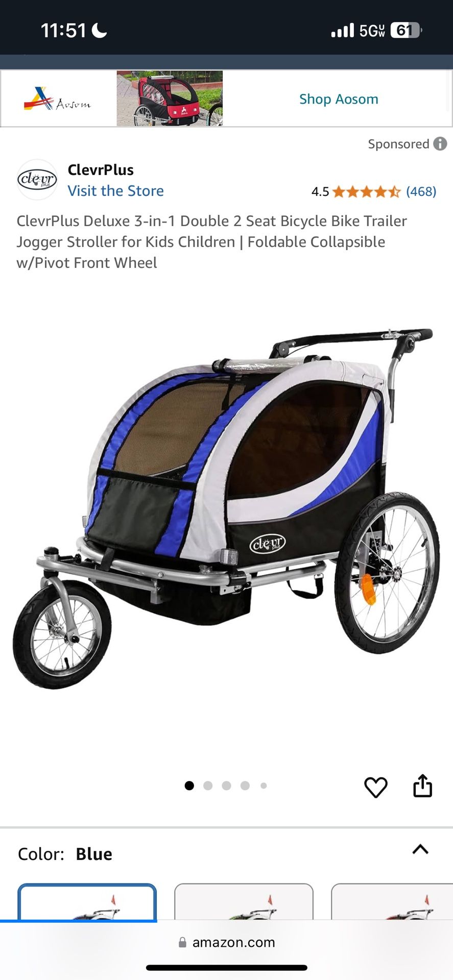 Deluxe 3-in-1 Double 2 Seat Bicycle Bike Trailer Jogger Stroller for Kids Children | Foldable Collapsible w/Pivot Front Wheel