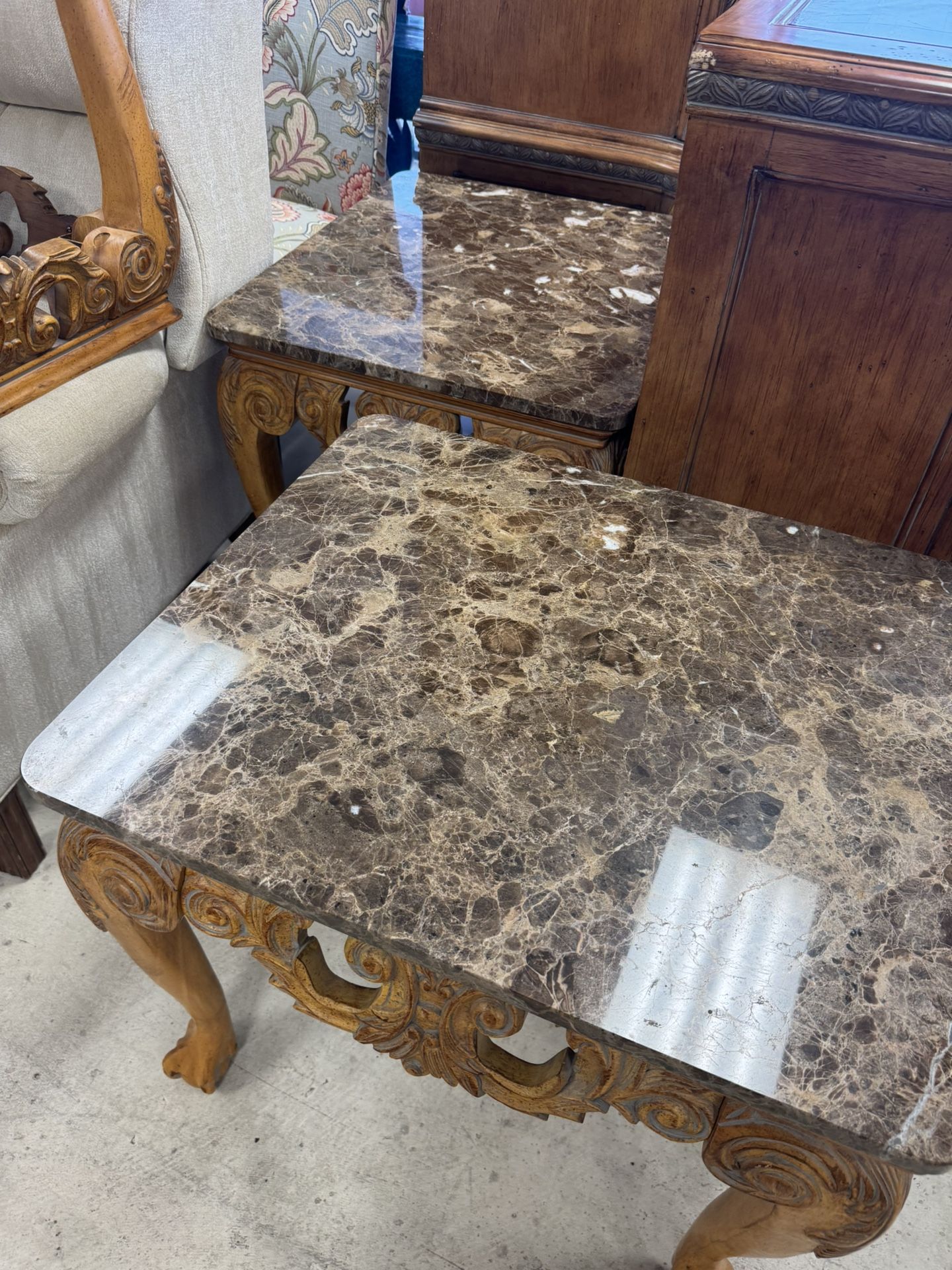 Pair Chippendale Style Marble Mahogany End Tables - Retail: $795