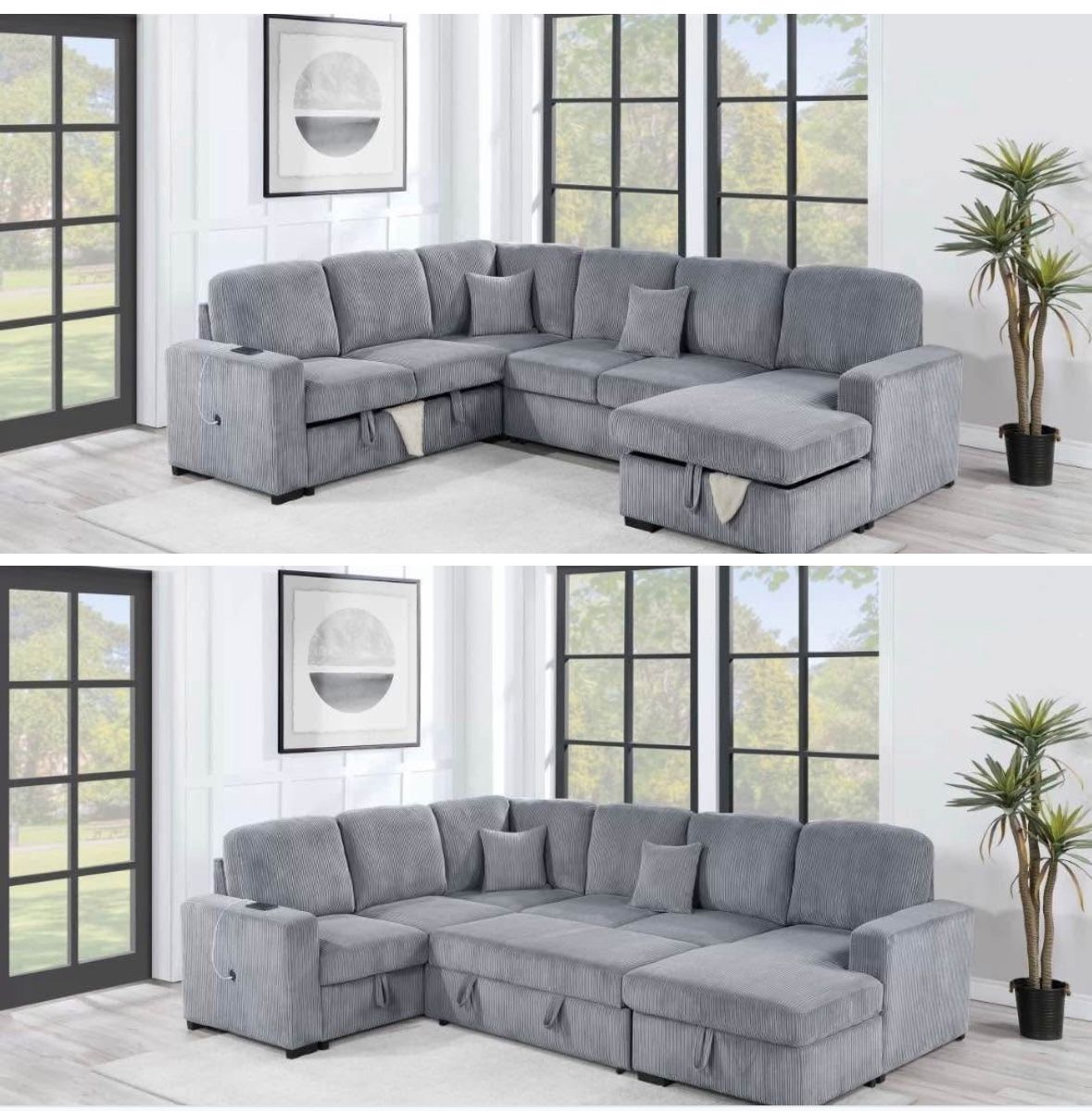$649-4Piece Convertible Sectional Sleeper Sofa ,Chaise Storage ,Sofa Storage & USB Ports 98” x 103” x 61” x36”H