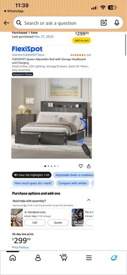 Queen Adjustable Bed with Storage Headboard and Charging Head Incline, LED