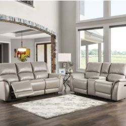 Brand New Light Gray Top Grain Leather Match Power Recline Sofa And Love Seat