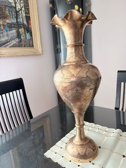 Vintage Tall 24” Etched Brass Vase Floral Engraved Scalloped Pedestal India