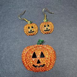 Huge Rhinestones Brooch Earrings Set Jack O Lantern  Halloween 