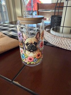 French Bulldog Glass Can Cup with Bamboo Lid