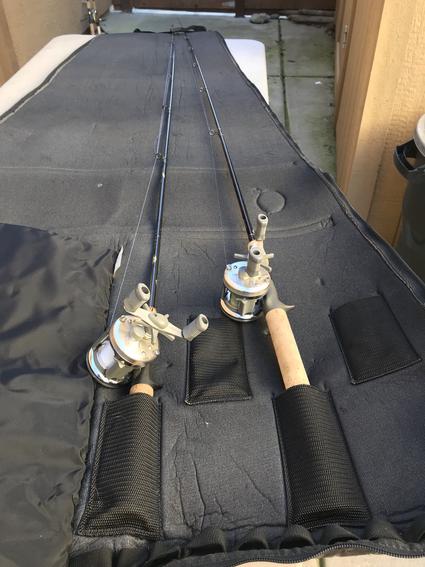Shimano fishing reels, poles + tackle boxes full of gear