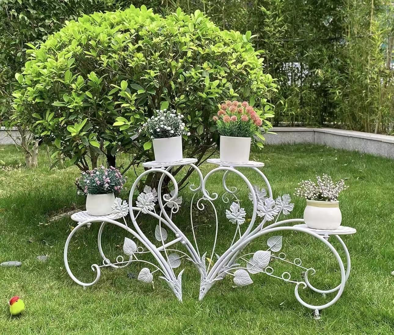 XJJ686WT Plant Stand Heart Shaped: Set of 2 Metal Flower Racks Potted Iron Planter Display Shelves Holder for Patio Garden Entryway Home Decors (White