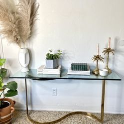 Vintage Mid-Century Hollywood Regency Brass & Glass Console Table or Vanity