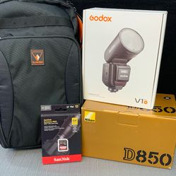Nikon D850 DSLR With Godox V1 Pro, Godox X3 Tiger , Camera Bag and SD Card