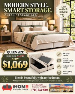QUEEN SZ STORAGE BED CHENILLE FABRIC PLATFORM