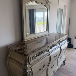 Beautiful McFerran Home Furnishings bedroom set in a classic French Provincial style. Solid, heavy pieces with real marble tops—great quality and bui