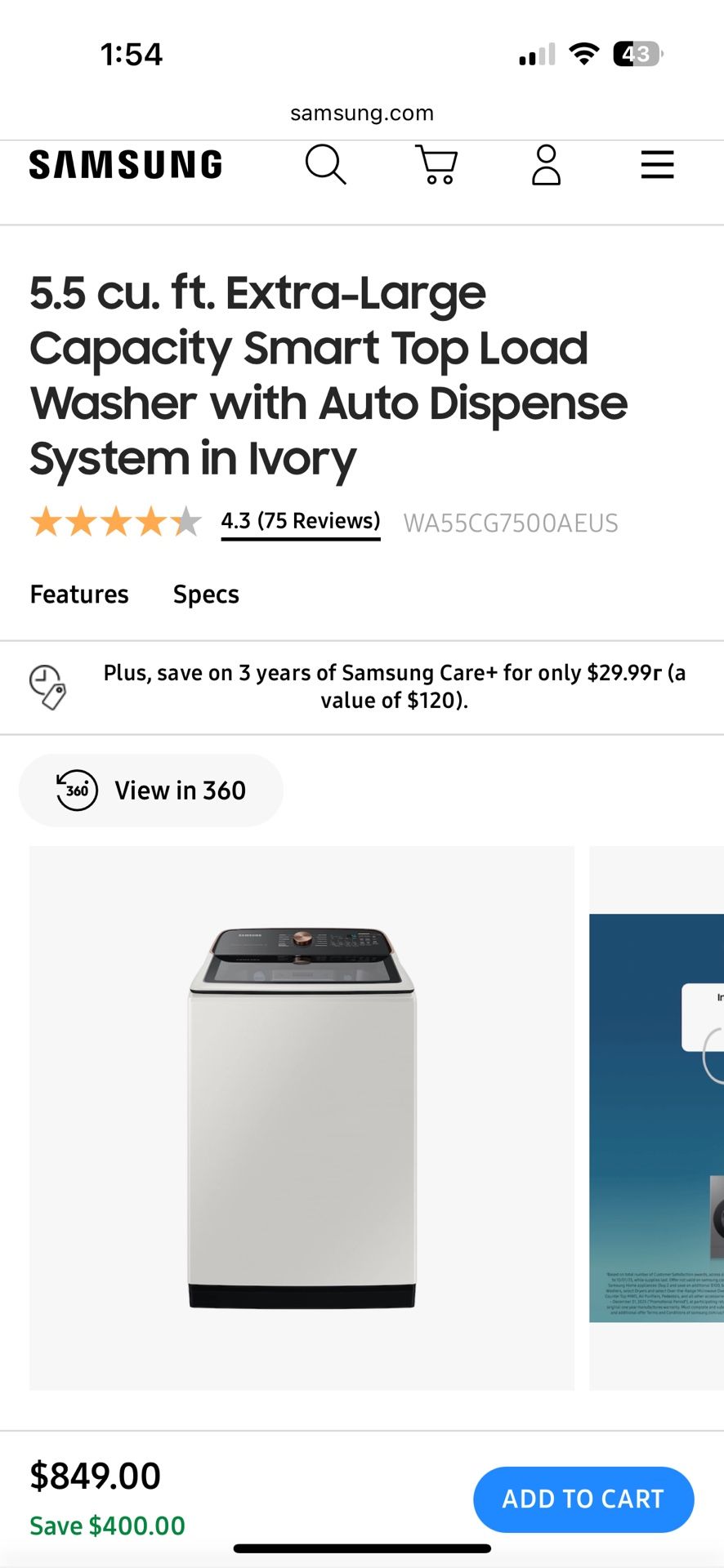 Samsung Washer + Bonus Free Dryer!