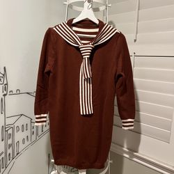 S Size STRIPE KNITTED Dress Navy Collar Brown and white