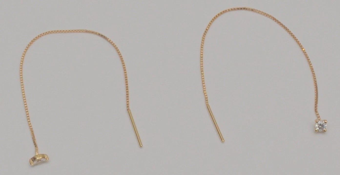 14K Yellow Gold Diamond Threader Earrings Asymmetrical Mismatch Pull Through