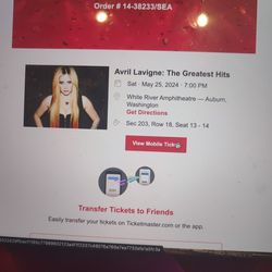 Two Avril Lavigne Tickets 62 Dollars Each