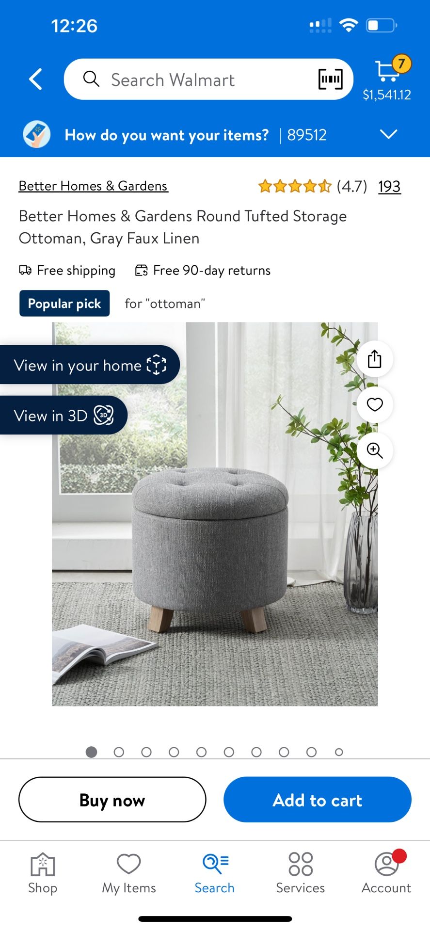 Better Homes & Gardens Round Tufted Storage Ottoman, Gray Faux Linen