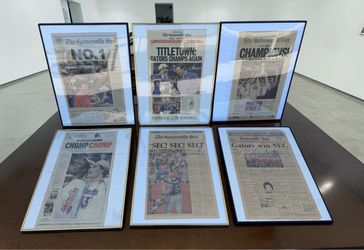 6 Vintage 80’s 90’s 2000’s Wall Hanging UF Florida Gators Framed Newspapers! Price is for all 6. 18.5x24In