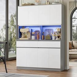75"H x 55"W Kitchen Pantry Cabinet with LED Lights and Doors, Large Kitchen Hutch Storage Cabinet with Drawers, Food Pantry with Microwave Stand and C
