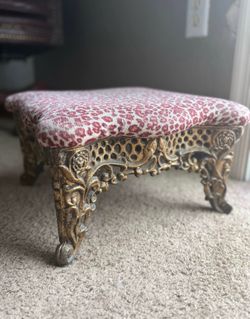 Vintage Ornate Cast Metal Footstool with Leopard Print