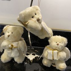3 Vintage Russ Berrie White Angel Bears Christmas Ornaments