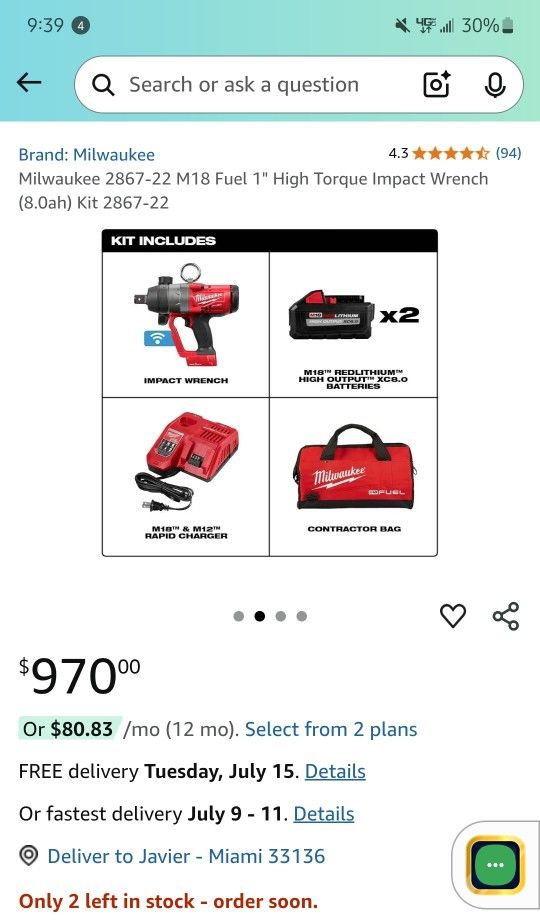 Milwaukee M18 FUEL ONE-KEY 18V  1 in. Inch Impact Wrench with Friction Ring&Two 8.0 Ah Batteries  1800 Ft-lbs torque 2867-22 