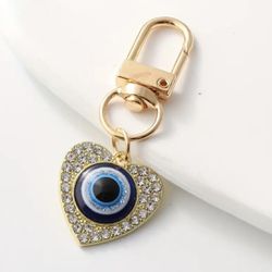 Brand New Unisex Gold Toned Rhinestone Heart Evil Eye Keychain & Bag’ Charm