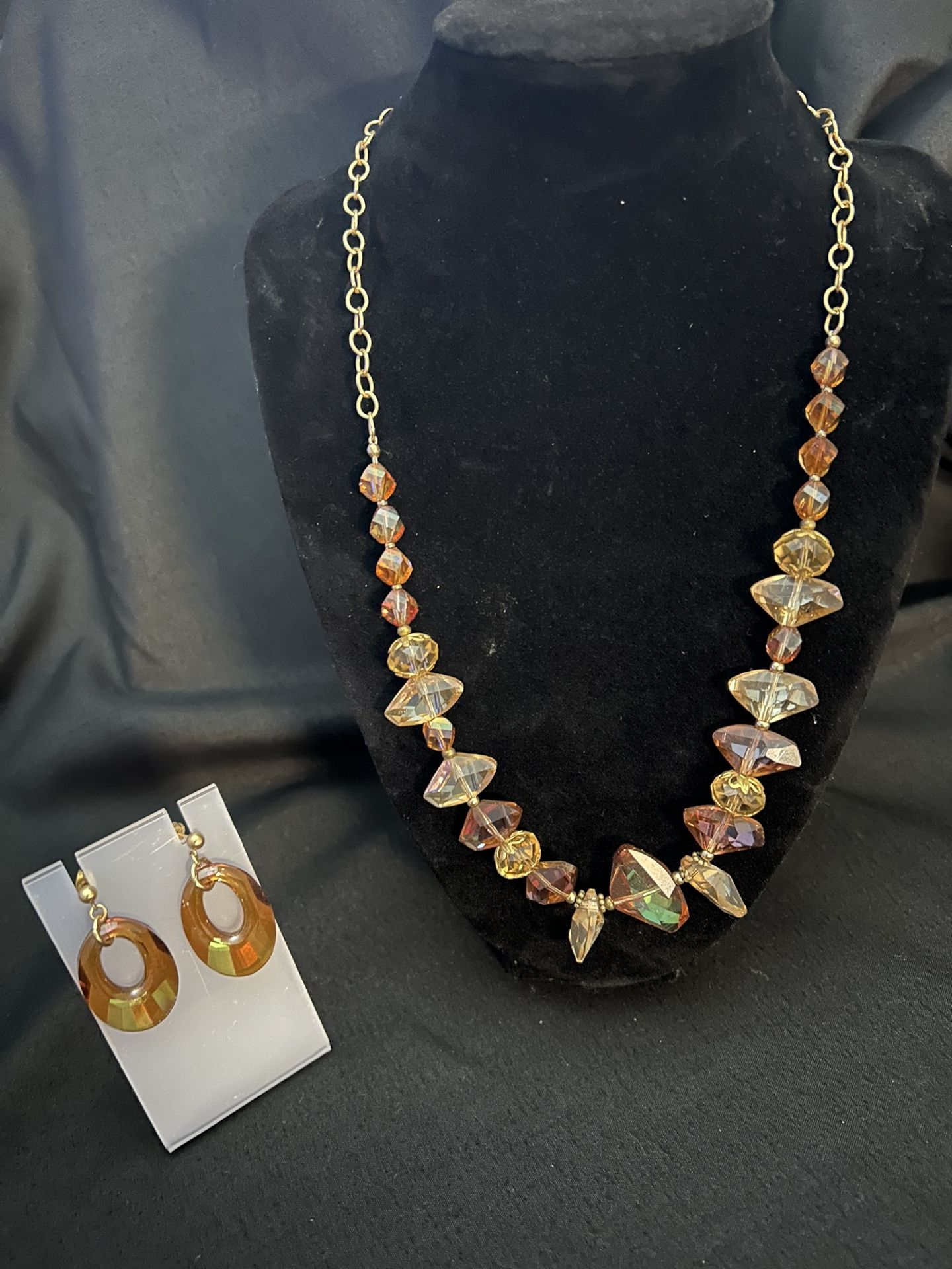 Brown Amber, Crystal necklace with matching earrings absolutely beautiful and clear