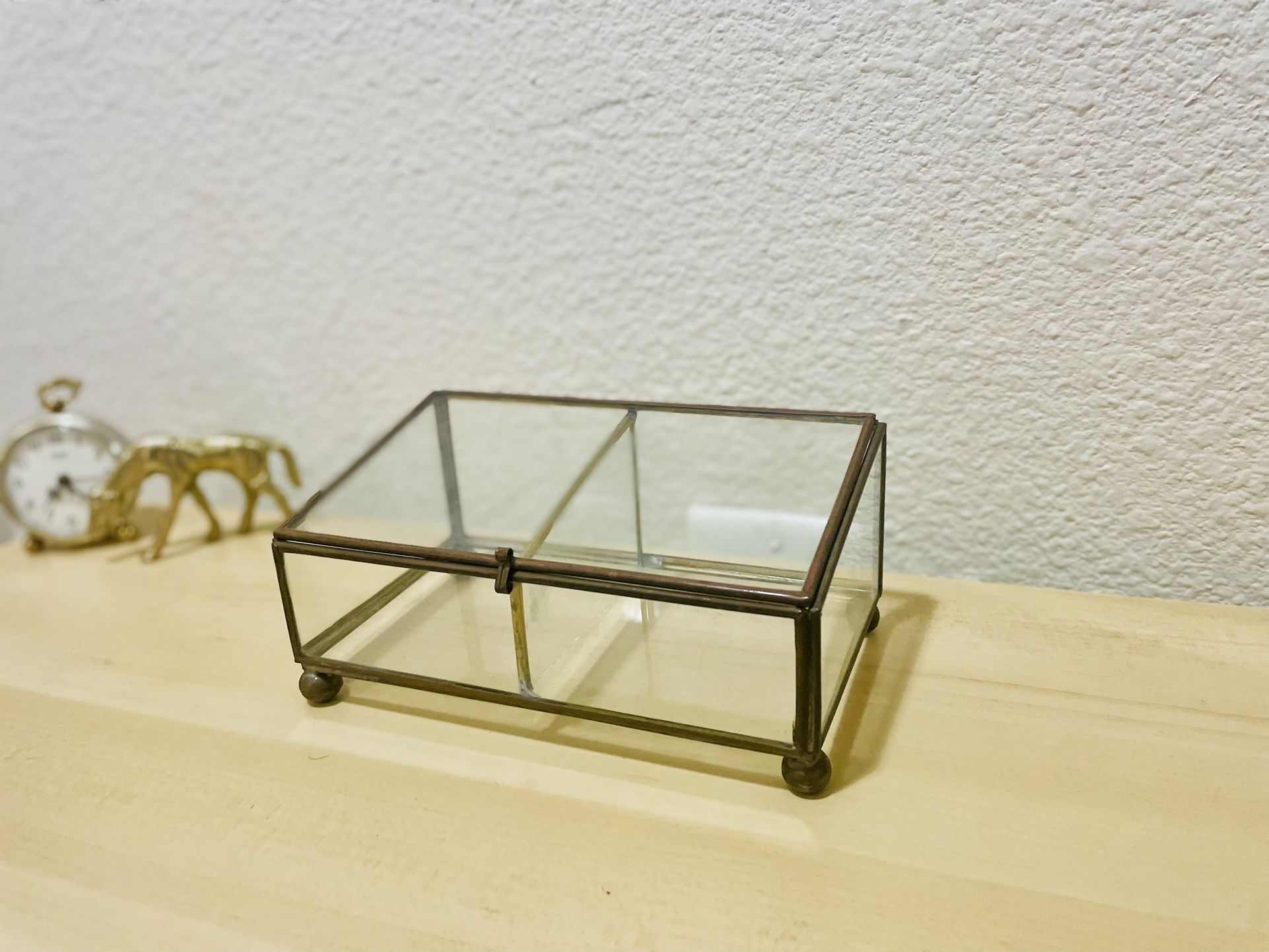 Charming Jewelry Trinket Keepsake Display Box Brass Glass Footed Curio✨