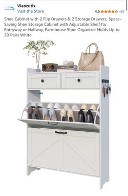 New Contemporary Shoe Storage Cabinet for Entryway, White Narrow with 2 Flip Drawers