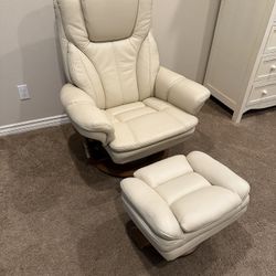 Swivel and reclining chair, cream color with storage ottoman