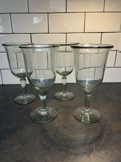 Vintage Set Of 4 Pottery Barn Light Green Wine/Water Stem Glasses 8” Inches Tall (discontinued / no longer available)