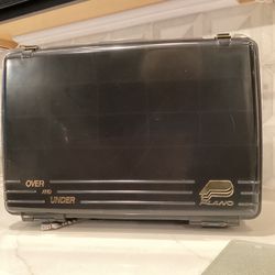 PLANO 2-Tier Over and Under Gray Blue Fishing Tackle Box 16" x 11" x 7" (see photos, several layers of storage!!) top and bottom open, and there are s