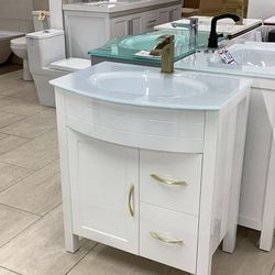 30” bathroom vanity cabinet white tempered glass top sink integrated ready for pick up today