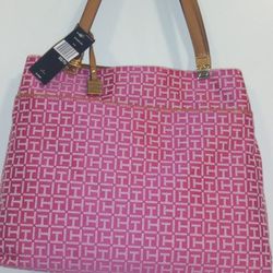 Cute Tommy Hilfiger Canvas Signature Fuchsia Pink Lock Accent Tote Double Leather Shoulder Strap Tote