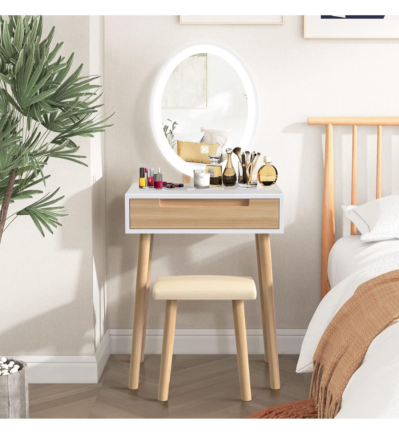 146 Makeup Vanity Table Set with 3 Modes Adjustable Lighted Mirror Cushioned Stool, Dressing Table for Small Space