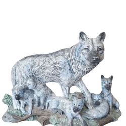Wolf Mother And 5 Cubs Porcelain Statue
