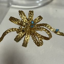 Vintage Woven Gold Thread Ribbon BROOCH, Crystal, Costume Jewelry