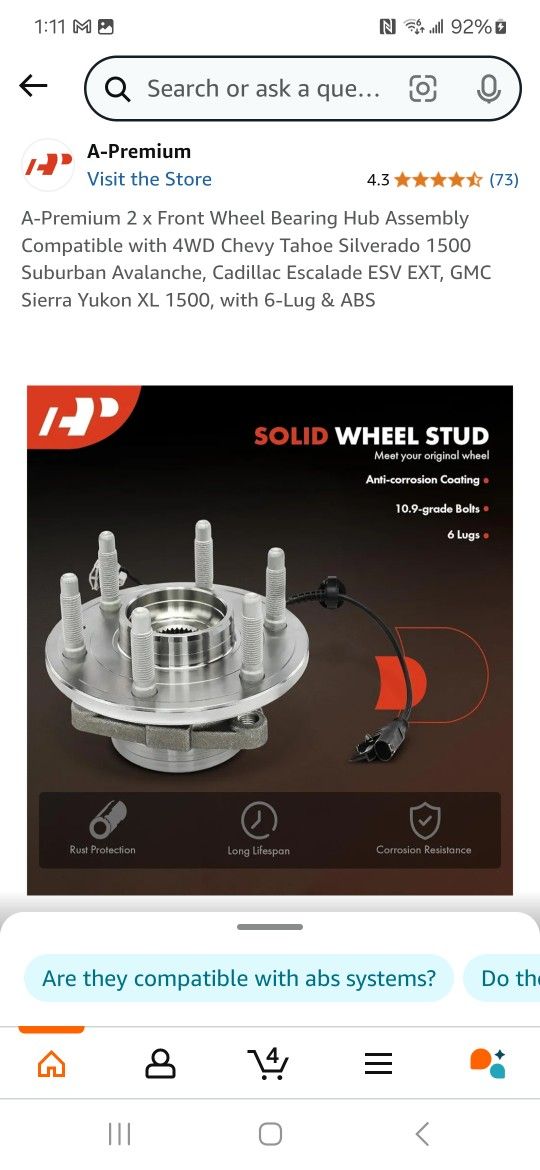 A-Premium 2 x Front Wheel Bearing Hub Assembly Compatible with 4WD Chevy Tahoe Silverado 1500 Suburban Avalanche, Cadillac Escalade ESV EXT, GMC Sierr
