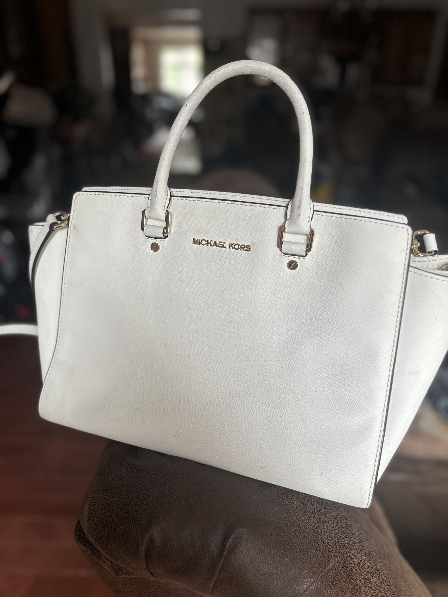 Michael Kors White Saffiano Leather Satchel + Wristlet