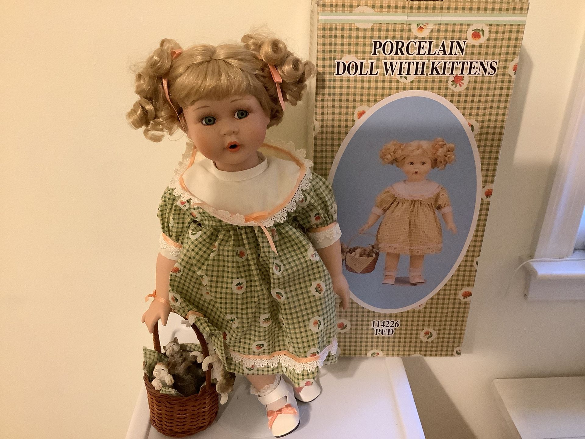 Vintage Porcelain Doll With Basket Of Kittens 15” Tall  New In Box 
