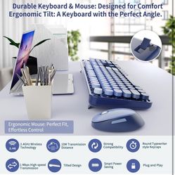 Wireless Keyboard and Mouse Combo, Retro Typewriter Keyboard with Round Keycaps, Full-Size Ergonomic, Blue, Ideal for Windows PC, Home, Office, and Co