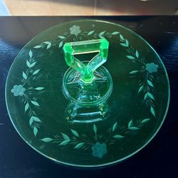 Vintage Vaseline Uranium Glass  Tray Center Handle 10" Etched Leaves & Flowers