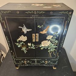 Chinese Black Lacquer Cabinet Box with Bird and Floral Design